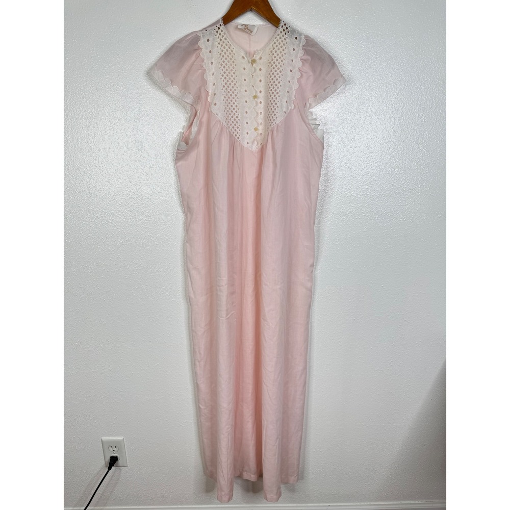 Vintage Ilise Stevens Pink Eyelet Lace Nightgown Maxi Sleepwear Dress Large USA